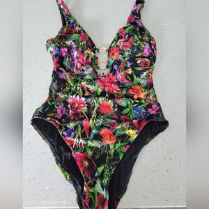 Tahari Floral Swimsuit with Gold Ring Detail